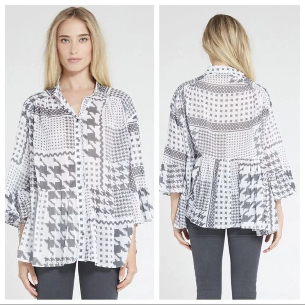 IRO Monochrome“Zofia” Black White Blouse Houndstooth Patchwork Like Light Top - Picture 1 of 6
